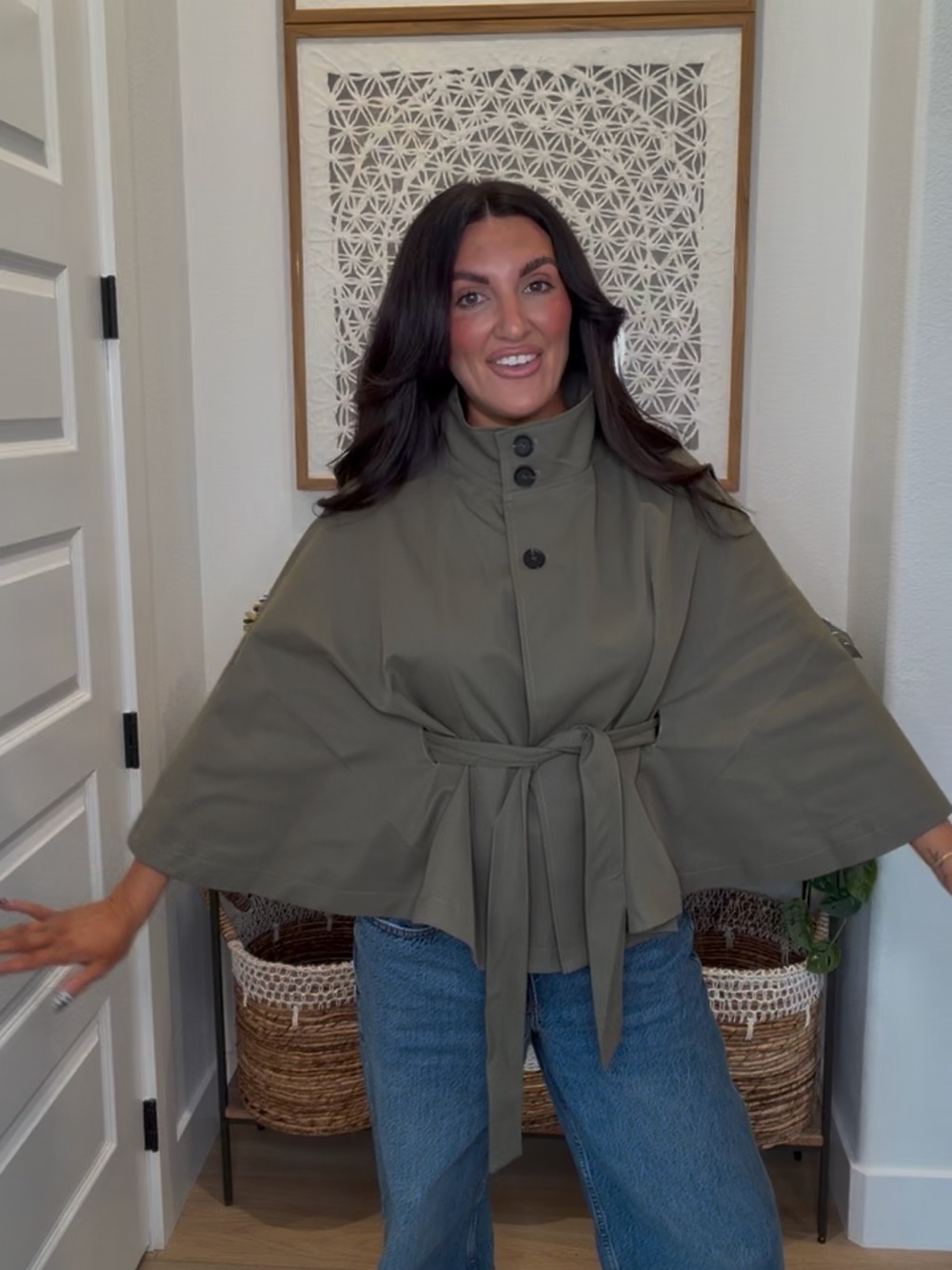 Amazon Olive Green Tie-Waist Cape Sweater
